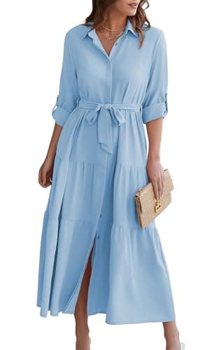 ECOWISH Women's Maxi Shirt Dress - 2024 Long Sleeve Button Casual Fall A-line Work Tiered Dresses with Belt and Pockets Blue Medium - Image 1