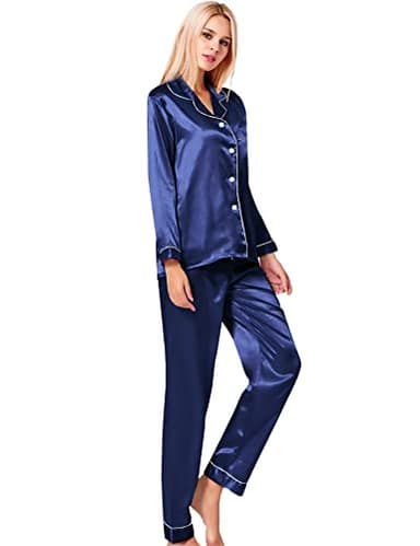 SWOMOG Womens Silk Satin Pajamas Long Sleeve Loungewear Two-piece Sleepwear Button-Down Pj Set Navy Blue - Image 4