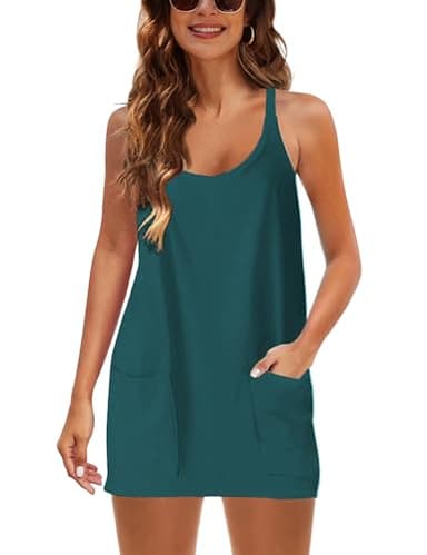 Zhiyouni Women's Summer Sleeveless Mini Dress V Neck Spaghetti Straps Athletic Built-in Shorts Sundress(DarkGreen-M) - Image 4