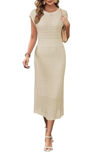 Newshows Women Summer 2025 Teacher Outfits Work Midi Boat Neck Cap Sleeve Hollow Knit Modest Business Casual Dress(Apricot,M) - Image 1