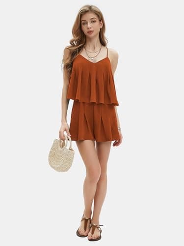 EXLURA Womens Summer Romper Dress 2025 V Neck Spaghetti Strap Pleated Shorts Jumpsuit Beach Vacation Outfits with Pockets - Image 5