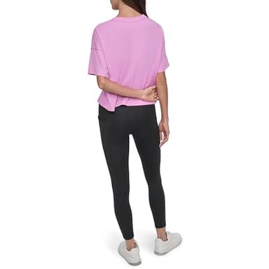 DKNY Women's Short Sleeve Rhinestone Logo Relaxed Cropped Tee, Fuschia Sky/Silver, Large - Image 4