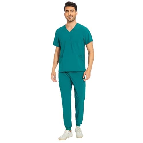 COZYFIT Men Scrubs Set — Stretch V-Neck Scrub Top & Jogger Pant with 8 Pockets, Yoga Waistband, Anti-Wrinkle Scrubs for Men - Hunter Green, M - Image 1