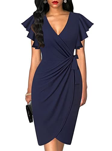 oten Womens Deep V Neck Ruffle Sleeve Sheath Casual Cocktail Party Work Faux Wrap Dress Navy Blue Medium - Image 1