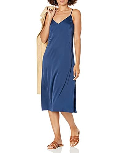 The Drop Women's Ana Silky V-Neck Midi Slip Dress, Navy, S - Image 1