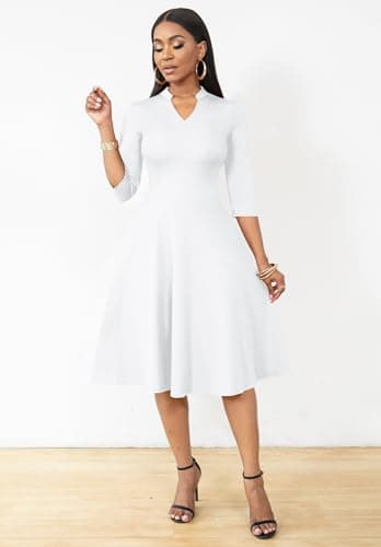 Nmoder Casual Dresses for Women Semi Formal Fit and Flare 3/4 Sleeve A-line Church Work Dress with Pockets White 2XL - Image 3
