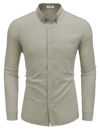 COOFANDY Mens Button Down Shirts Long Sleeve Cotton Linen Shirts Casual Textured Button Up Shirt Wedding Dress Shirts Light Grey - Image 6