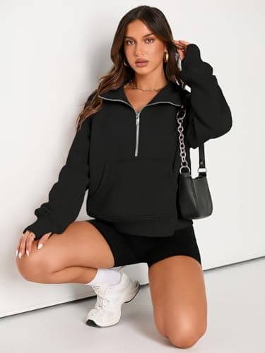 AUTOMET Womens Sweatshirts Half Zip Cropped Pullover Fleece Quarter Zipper Sweater Hoodies 2025 Fall Fashion Outfits Clothes Black Large - Image 4