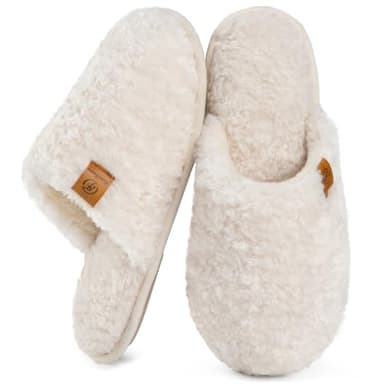 EverFoams Women's Fuzzy Slip-on Slippers Warm Cozy Soft Lightweight Memory Foam Indoor House Shoes Cream White, 9-10 US - Image 1