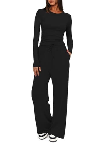 Darong Women's 2 Piece Sets Fall Outfits Long Sleeve Wide Leg Tracksuits Casual Sweat Sets Lounge Set 9065A Black M - Image 1