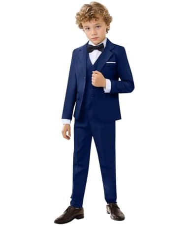 Addneo Boys 5 Pcs Suit Set Formal Dress Shirt with Bowtie Vest Pants Toddler Boy Tuxedo Suits Navy Blue，8 - Image 2