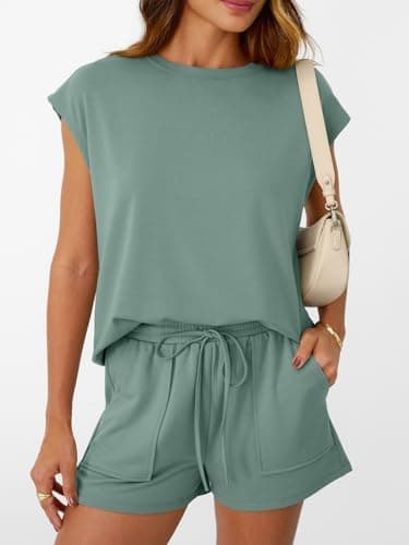 AUTOMET Womens Lounge Two 2 piece Sets Summer Outfits 2025 Loungewear Matching Beach Vacation Clothes Sweatsuits Sweat Pajamas Pjs Romper Top Shorts Fashion Trendy Travel Teen Clothing Sage Green L - Image 2
