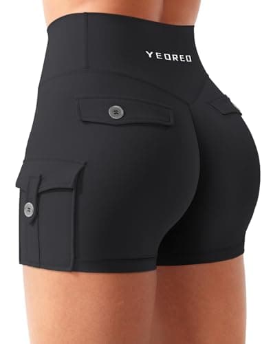 YEOREO CoreFlex Women Workout Gym Shorts with Cargo Pockets Hidden Scrunch 3.6" 4.5" Inseam No Front Seam Biker Shorts Black M - Image 1
