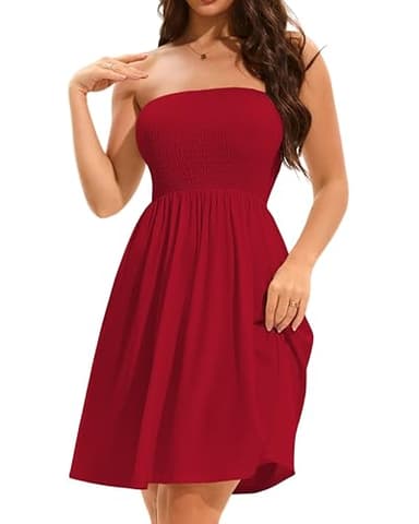 Summer Dresses for Women Strapless Casual Beach Cover Ups Tube Top Sundress（Red, M - Image 3
