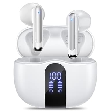 Wireless Earbuds, 2025 Bluetooth 5.4 Bass Stereo Headphones with 4 ENC Mic, 50H Playback Ear Buds with Charging Case LED Display,Sport Earphones IPX7 Waterproof for Phone, Android, Pad, White - Image 1