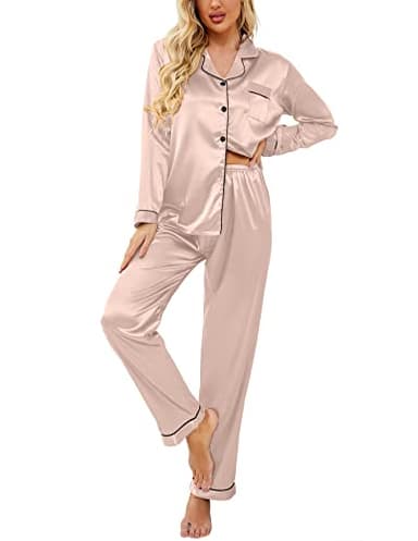 Ekouaer Women's Classic Button Down Long Satin Silk Pajama Set,Large,Pink - Image 1