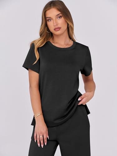 ANRABESS Women 2 Piece Lounge Sets Summer Travel Sweat Outfits Short Sleeve Wide Leg Casual Matching Tracksuits Clothes Black XX-Large - Image 5