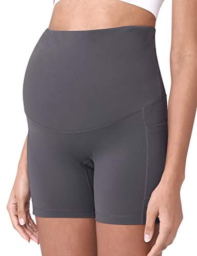 POSHDIVAH 2 Pcs Black Grey Women's Maternity Yoga Shorts Over The Belly Bump Summer Workout Running Active Short Pants with Pockets 5" Small - Image 5