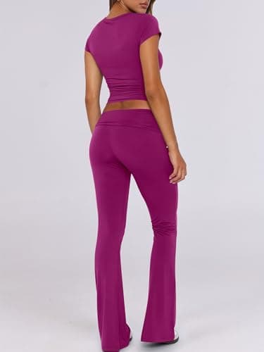 ANRABESS Lounge Sets for Women 2 Piece Foldover Yoga Flare Leggings Pants Crop Tops Casual Y2K Outfits Matching Tracksuit Set Hot Pink Small - Image 4