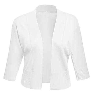 AAMILIFE Women's 3/4 Sleeve Cropped Cardigans Sweaters Jackets Open Front Short Shrugs for Dresses White M - Image 2
