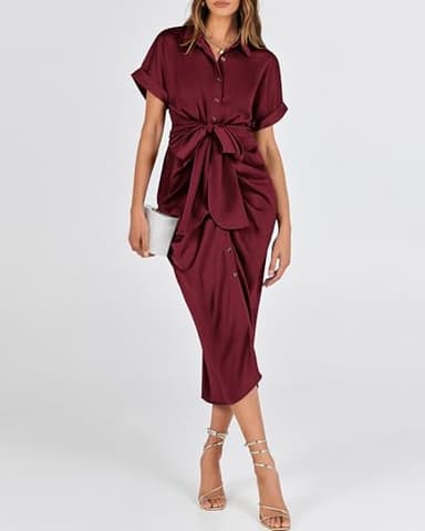 BTFBM Women Button Down Ruched Shirt Dresses Satin Short Sleeve Lapel V Neck Summer Maxi Dress 2025 Party Wedding Guest(Dark Wine Red, Medium) - Image 4