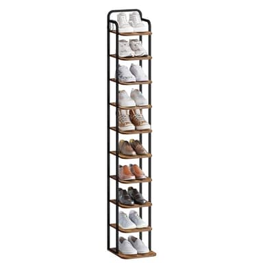Hzuaneri 10 Tiers Vertical Shoe Rack, Narrow Shoe Tower, Tall Shoes Shelf with 2 Hooks, Adjustable Shelves, Corner Shoes Shelves for Small Spaces, Entryway, Living Room, Rustic Brown SR11201B - Image 9