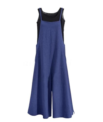 YESNO Women Casual Loose Long Bib Pants Wide Leg Jumpsuits Baggy Cotton Rompers Overalls with Pockets (XS PZZTYP2 Navy Blue) - Image 1