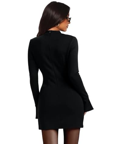 OFEEFAN Women Fall Clothes Long Sleeve Slim Fit Dress Little Black Mock Neck Flare Sleeve Dress L - Image 4