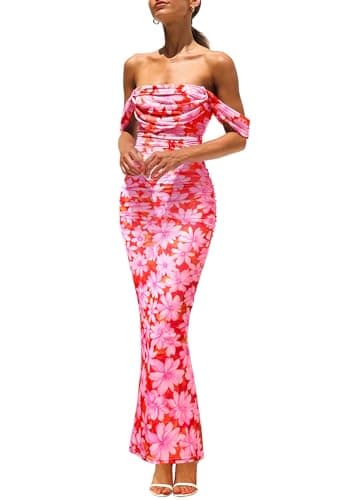 PRETTYGARDEN Maxi Dresses for Women 2025 Summer Elegant Floral Off Shoulder Ruched Mesh Cocktail Wedding Guest Dress (Pink Daisy,Small) - Image 1