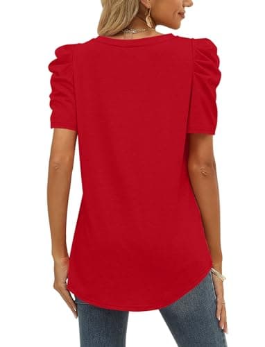 V Neck T Shirts Women Puff Sleeve Tops for Women Short Sleeve Shirts Spring Clothes Red M - Image 4