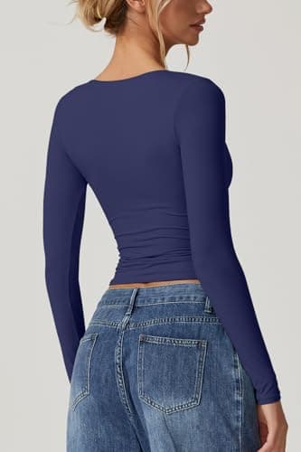 QINSEN Fall Tops for Women 2024 Long Sleeve Sweetheart Neck Double Lined Tee Shirt Stretchy V Neck Top Estate Blue XS - Image 2