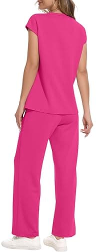 RUBZOOF Summer Outfits for Women 2025 Cap Sleeve Loungewear Crew Neck Two Piece Going Out Sets Travel Airport Outfits Beach Vacation Clothes Resort Wear for Women Hot Pink 2XL - Image 5