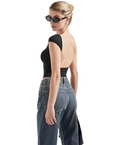SUUKSESS Women Backless Sexy Going Out Crop Tops Double Lined Open Back Y2k Basic Tee Shirts (Jet Black, S) - Image 2