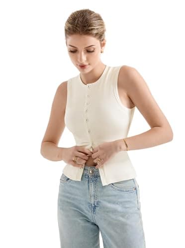 SUUKSESS Women Button Down Going Out Trendy Tops Ribbed Sexy Vest Y2K Tank Tops (Cream, Medium) - Image 3