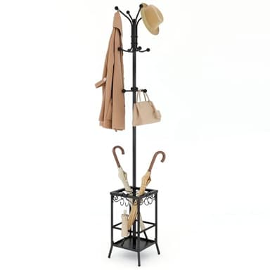 Hoctieon Coat Rack Freestanding, Coat Tree with Umbrella Holder, Metal Coat Rack Stand with 12 Hooks, Standing Coat Hanger Stand, Umbrella Stand for Entryway, Hat Rack Stand for Home Office, Black - Image 1