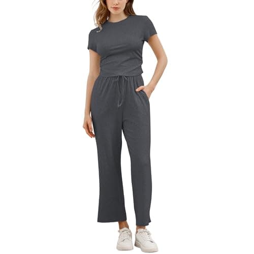 EYZH Two Piece Outfit Lounge Sets for Women, Ruched Short Sleeve Tops and High Waisted Wide Leg Pants Fashion Tracksuit Set, X-Large, Grey - Image 1
