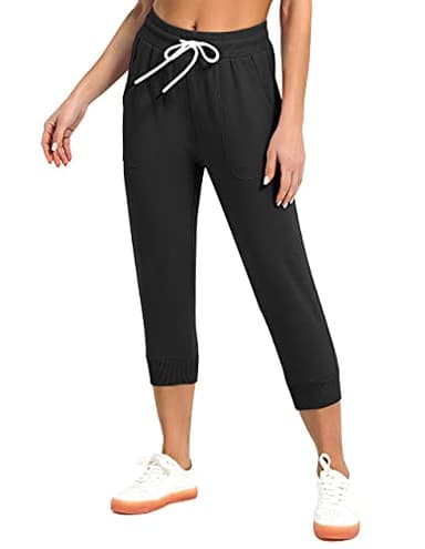SPECIALMAGIC Women's Sweatpants Cropped Jogger French Terry Running Pants Lounge Loose Fit Drawstring Waist with Side Pockets Black XL - Image 2