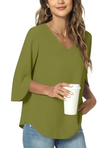TAOHUADAO Womens 2025 Summer 3/4 Sleeve Tunic Tops Plus Size Chiffon Work Blouse V-Neck Dressy Casual Shirt X-Large, Grass Green - Image 1