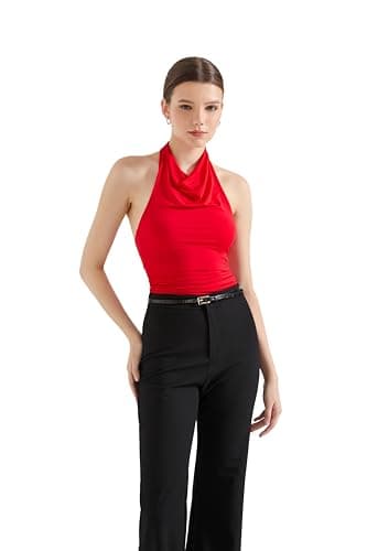 SUUKSESS Women Halter Backless Tank Tops Sexy Cowl Neck Summer Going Out Tops Sleeveless Camisole Top (Red,M) - Image 7