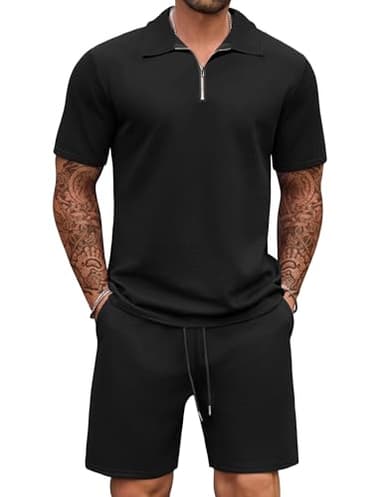 COOFANDY Mens Tracksuit Casual 2 Piece Quarter Zip Polo Shirt and Shorts Set Athletic Jogging Sports Black - Image 1