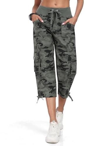 MoFiz Womens Capris Summer Cargo Shorts Lightweight Quick Dry Athletic Casual Travel Loose Ladies Outdoor Hiking Pants Pockets Camouflage Green XS - Image 3