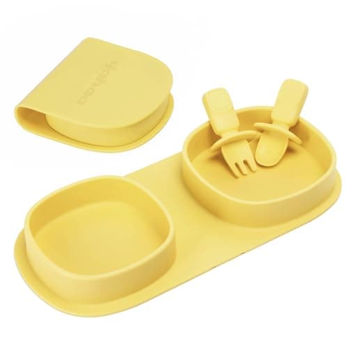 yahaa Silicone Foldable Novelty Dinner Plates,Baby Plates Travel Essential with Forks and Spoons,Microwave & Dishwasher Safe,Lemon - Image 1