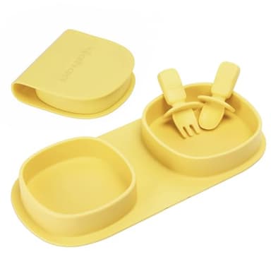 yahaa Silicone Foldable Novelty Dinner Plates,Baby Plates Travel Essential with Forks and Spoons,Microwave & Dishwasher Safe,Lemon - Image 1