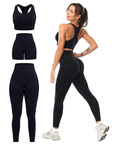 SALSPOR 3 Piece Workout Sets for Women Butt Lifting Leggings with High Impact Sports Bra Gym Shorts Activewear Matching Set(3DWX-Black-L) - Image 5