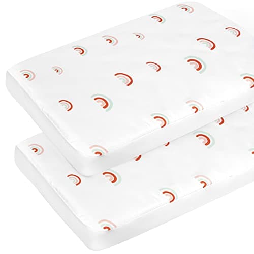 Pack and Play Sheets Boy Girl, 2 Pack Portable Playard Sheet Fits for Graco Pack N Play, Snug Fit Breathable Soft Fitted Playpen Sheet, Mini Crib Sheets, Rainbow - Image 1