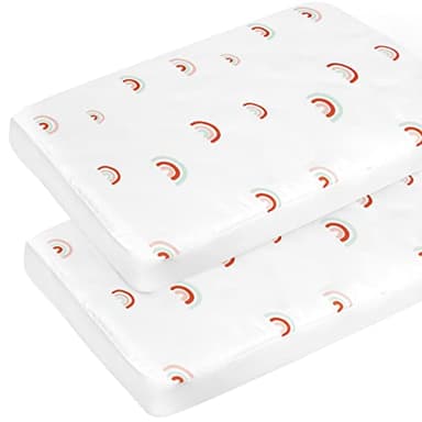 Pack and Play Sheets Boy Girl, 2 Pack Portable Playard Sheet Fits for Graco Pack N Play, Snug Fit Breathable Soft Fitted Playpen Sheet, Mini Crib Sheets, Rainbow - Image 1