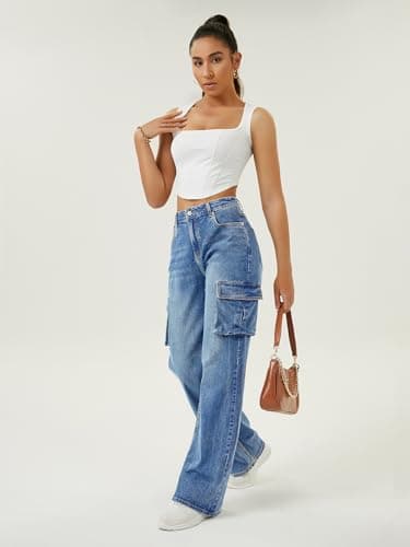 Women High Waisted Cargo Jean for Women with 6 Pockets Straight Wide Leg Jean Casual Baggy Pants Blue - Image 6