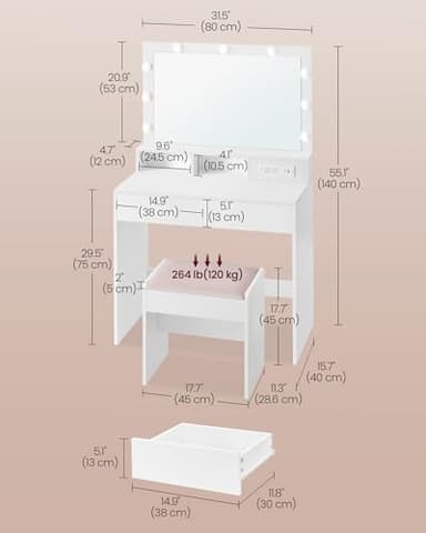 VASAGLE Vanity Desk with Power Outlets, Makeup Vanity with Mirror and Lights, with Upholstered Vanity Stool, 9 Dimmable LED Lights, 2 Compartments, 2 Drawers, for Bedroom, Cloud White URDT029W01 - Image 6