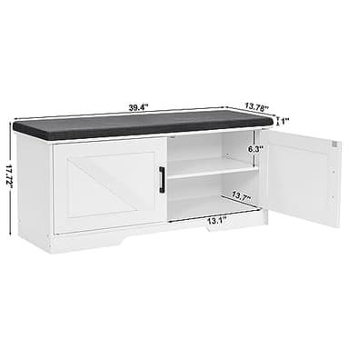 HOMSHO 2-Tier Storage Bench, 39.4" Wide Shoe Bench with Padded Seat Cushion, Entryway Bench with 2 Barn Doors and Adjustable Shelf, White - Image 3
