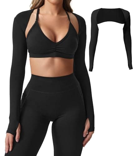 YEOREO Women Crop Top Long Sleeve Bolero Open Front Workout Cropped Shirts Sports Shrug Black S - Image 1